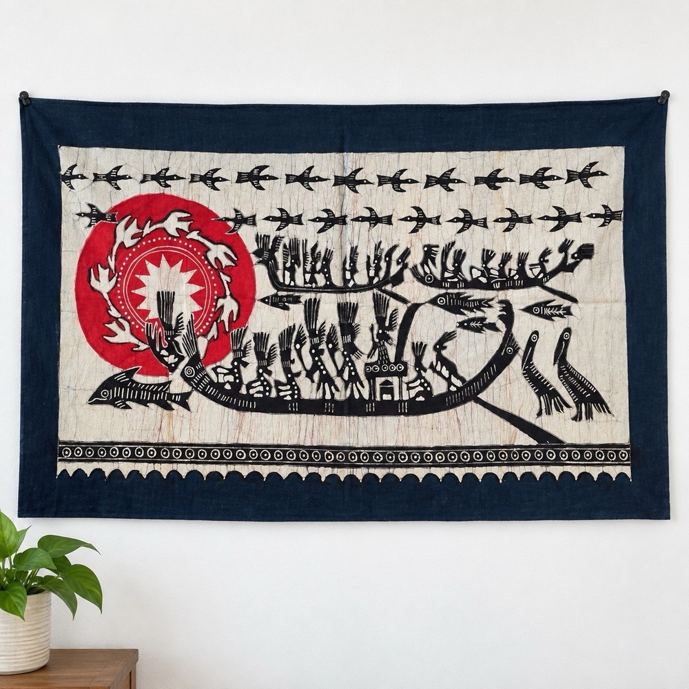 Vintage Indigo Blue White Batik Cotton Wall Tapestry Dragon Boat Ceremonial Bird